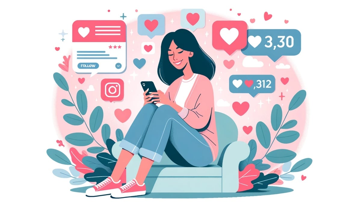Jovem sentada analisando as curtidas em suas publicações do Instagram