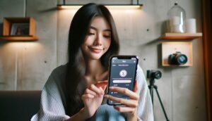 Um influenciador digital usando o aplicativo Kwai em seu celular com um sorriso sutil, indicando uma sensação de satisfação por ganhar dinheiro. O ex do influenciador